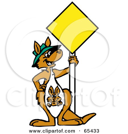 Royalty-Free (RF) Clipart Illustration of a Kangaroo With A Joey, Standing By A Blank Yellow Sign by Dennis Holmes Designs