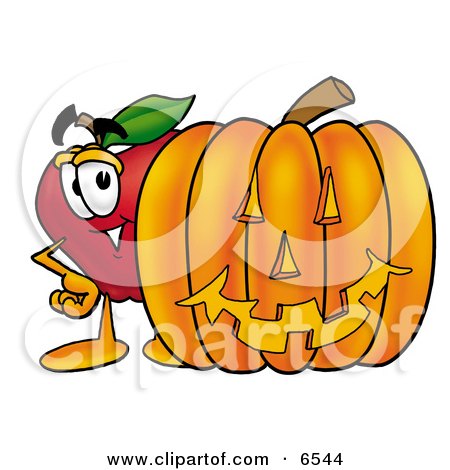 Red Apple Character Mascot Standing With a Carved Jackolantern Halloween Pumpkin Clipart Picture by Mascot Junction