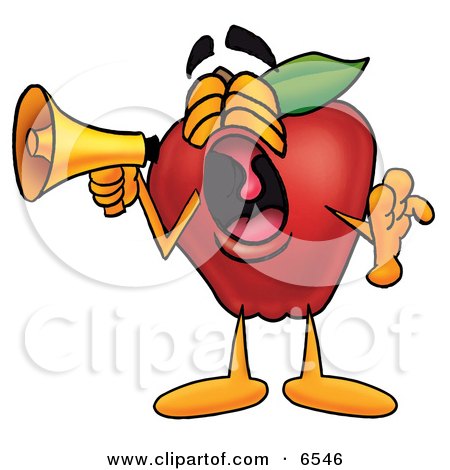 Red Apple Character Mascot Screaming Into a Megaphone Clipart Picture by Mascot Junction