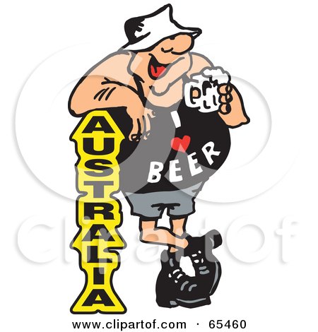Royalty-Free (RF) Clipart Illustration of a Fat Bloke Drinking Beer And Leaning Against Australia Text by Dennis Holmes Designs