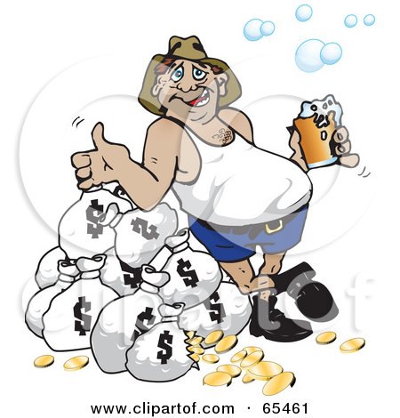 Royalty-Free (RF) Clipart Illustration of a Fat Bloke Drinking Beer And Leaning Against Money Bags by Dennis Holmes Designs