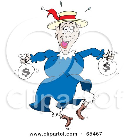 Royalty-Free (RF) Clipart Illustration of a Happy Woman Leaping And Carrying Money Bags by Dennis Holmes Designs