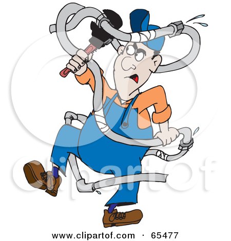 Royalty-Free (RF) Clipart Illustration of a Frustrated Plumber Tangled In Pipes by Dennis Holmes Designs