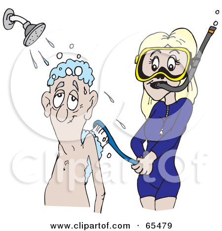 Royalty-Free (RF) Clipart Illustration of a Pretty Woman In Snorkel Gear, Scrubbing Down An Elderly Man In The Shower by Dennis Holmes Designs