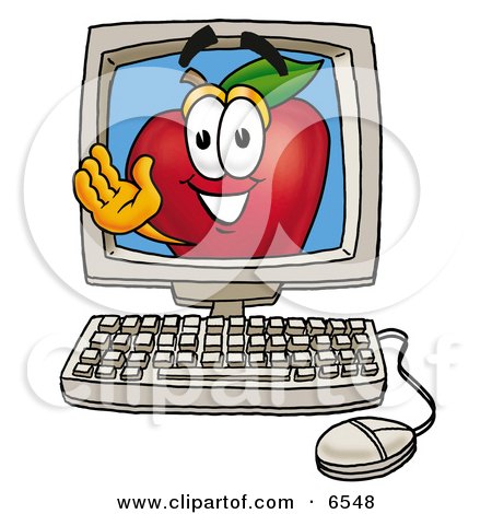 Red Apple Character Mascot on a Desktop Computer Screen Clipart Picture by Mascot Junction