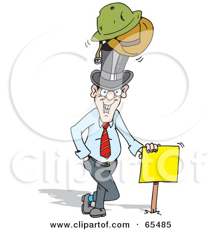 Royalty-Free (RF) Clipart Illustration of a Male Realtor Wearing Many Hats And Leaning On A Sign by Dennis Holmes Designs