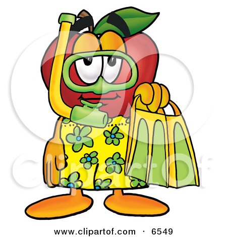Red Apple Character Mascot in Green and Yellow Snorkel Gear Clipart Picture by Mascot Junction