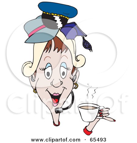 Royalty-Free (RF) Clipart Illustration of a Woman Talking On A Headset, Drinking Coffee And Wearing Hats by Dennis Holmes Designs