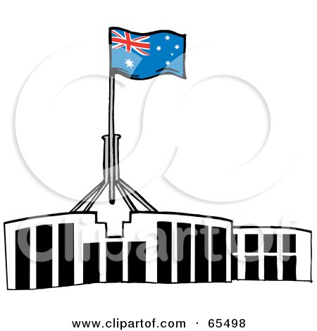 Royalty-Free (RF) Clipart Illustration of an Australian Flag Atop The Parliament House, Canberra by Dennis Holmes Designs