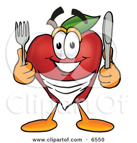 Hungry Red Apple Character Mascot Wearing a Napkin, Holding a Fork and Knife Clipart Picture by Mascot Junction