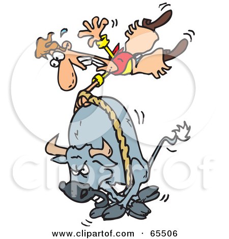 Royalty-Free (RF) Clipart Illustration of a Rodeo Cowboy Holding Onto A Gray Bull by Dennis Holmes Designs