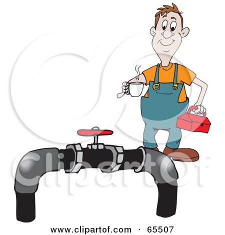 Royalty-Free (RF) Clipart Illustration of a Jolly Plumber Carrying Coffee And A Tool Box Towards Pipes by Dennis Holmes Designs