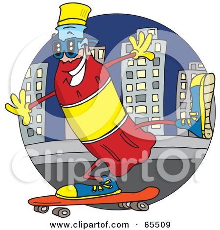 Royalty-Free (RF) Clipart Illustration of a Red Soda Bottle Jet Skateboarding In A City by Dennis Holmes Designs
