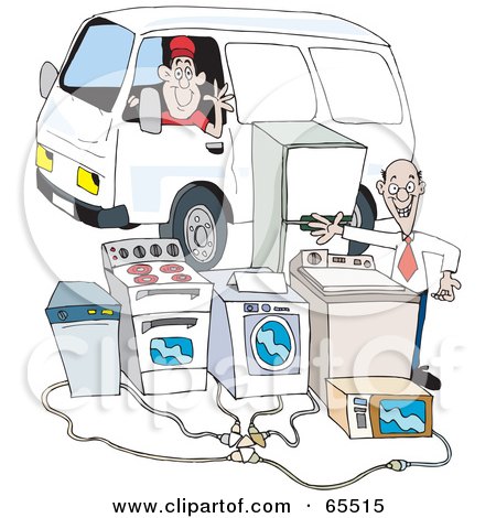 Royalty-Free (RF) Clipart Illustration of a Man Driving A Van And Waving At An Appliance Seller by Dennis Holmes Designs