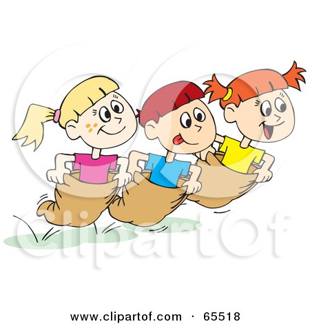 Royalty-Free (RF) Clipart Illustration of a Boy And Two Girls Racing In Potato Sacks by Dennis Holmes Designs