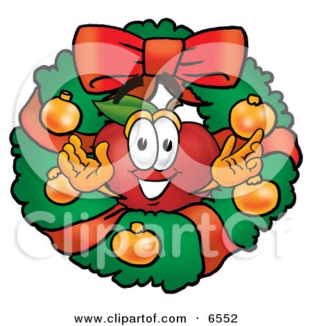 Red Apple Character Mascot in the Center of a Christmas Wreath Clipart Picture by Mascot Junction