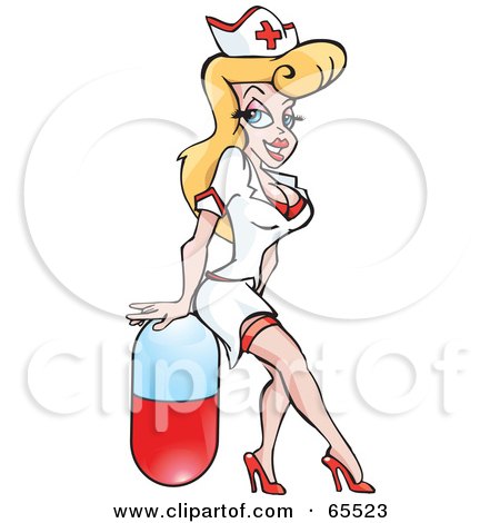 Royalty-Free (RF) Clipart Illustration of a Sexy Blond Nurse Sitting On A Pill by Dennis Holmes Designs