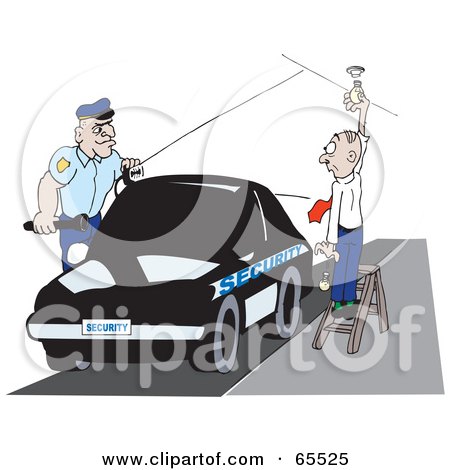Royalty-Free (RF) Clipart Illustration of a Security Guard Watching A Man Change A Lightbulb by Dennis Holmes Designs