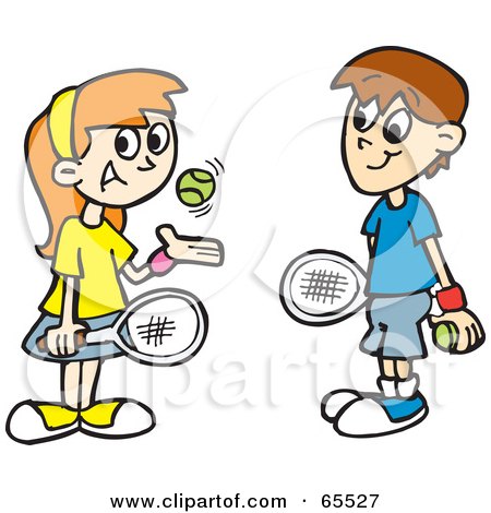 Royalty-Free (RF) Clipart Illustration of a Boy And Girl Playing Tennis And Smiling by Dennis Holmes Designs
