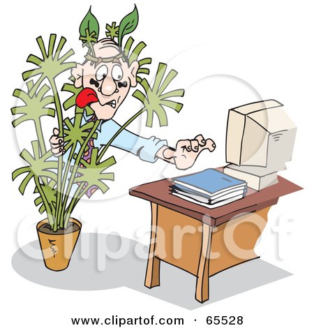 Royalty-Free (RF) Clipart Illustration of a Sneaky Man Reaching Towards A Computer Behind A Plant by Dennis Holmes Designs