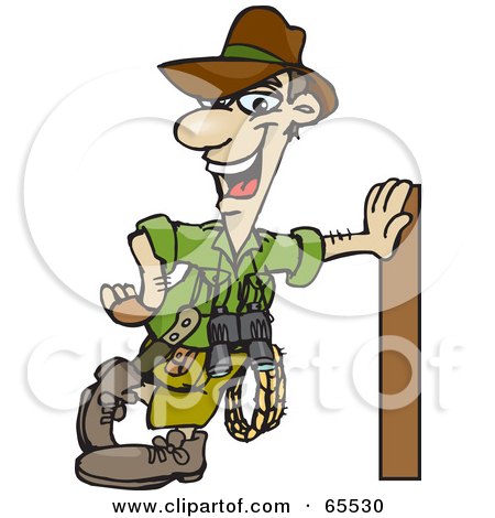 Royalty-Free (RF) Clipart Illustration of a Male Explorer Leaning Against A Pole by Dennis Holmes Designs