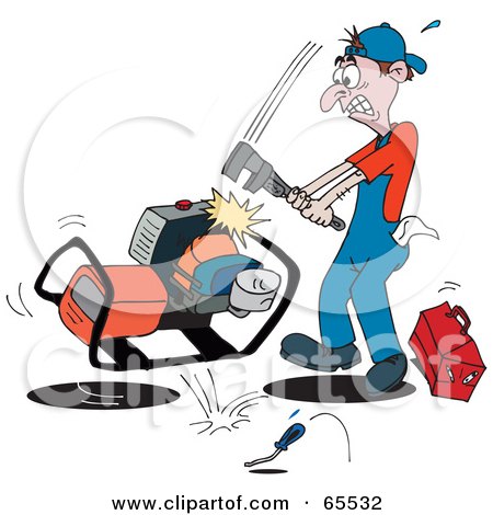 Royalty-Free (RF) Clipart Illustration of a Frustrated Man Whacking A Machine With A Wrench by Dennis Holmes Designs