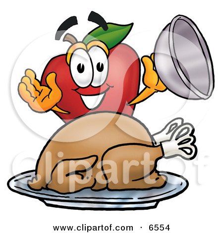 Red Apple Character Mascot With a Cooked Thanksgiving Turkey on a Platter Clipart Picture by Mascot Junction