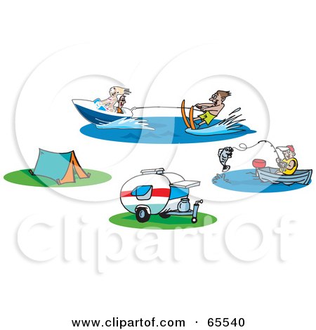 Royalty-Free (RF) Clipart Illustration of a Digital Collage Of People Fishing And Waterskiing And Camp Sites by Dennis Holmes Designs