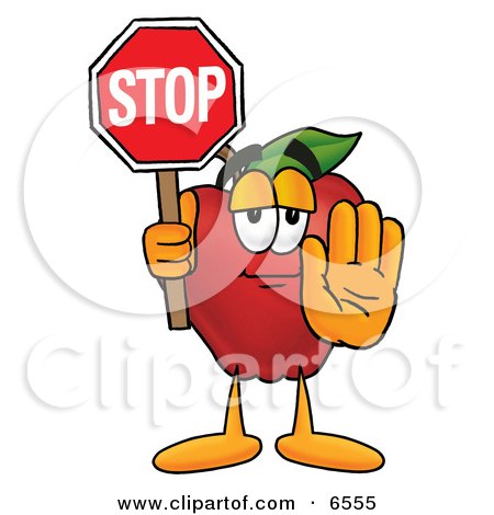 Red Apple Character Mascot Holding a Red Stop Sign Clipart Picture by Mascot Junction