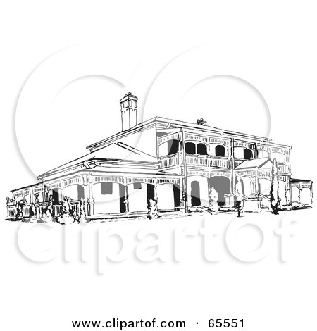 Royalty-Free (RF) Clipart Illustration of a Black And White Hotel Exterior by Dennis Holmes Designs