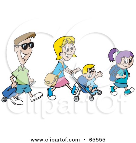 Royalty-Free (RF) Clipart Illustration of a Happy Family Of Four Walking And Carrying Bags by Dennis Holmes Designs