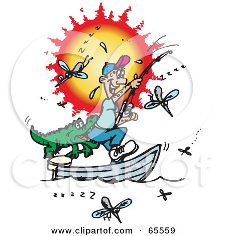Royalty-Free (RF) Clipart Illustration of a Fishing Man Getting Bit In The Butt By A Crocodile, Surrounded By Mosquitoes by Dennis Holmes Designs