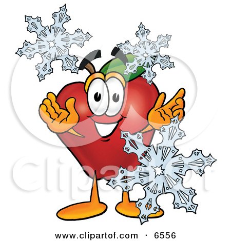 Red Apple Character Mascot With Icy Snowflakes in Winter Clipart Picture by Mascot Junction