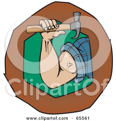 Royalty-Free (RF) Clipart Illustration of a Strong Man's Arm Holding A Hammer In A Green And Brown Circle by Dennis Holmes Designs