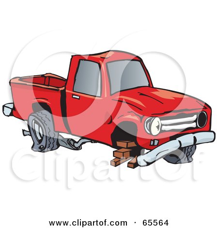 Royalty-Free (RF) Clipart Illustration of a Beat Up Pickup Truck Balanced On Bricks by Dennis Holmes Designs