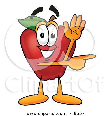 Red Apple Character Mascot Waving and Pointing to the Right Clipart Picture by Mascot Junction