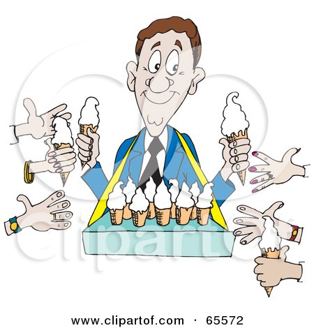 Royalty-Free (RF) Clipart Illustration of Hands Reaching Towards An Ice Cream Vendor by Dennis Holmes Designs