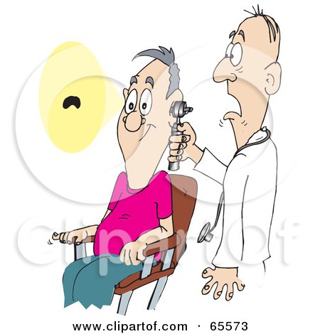 Royalty-Free (RF) Clipart Illustration of a Shocked Doctor Shining A Light Straight Through A Man's Head by Dennis Holmes Designs
