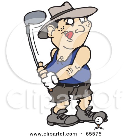 Royalty-Free (RF) Clipart Illustration of a Man Licking His Lips And Swinging His Golf Club by Dennis Holmes Designs