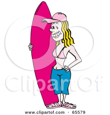 Royalty-Free (RF) Clipart Illustration of a Blond Surfer Woman Standing With Her Pink Board by Dennis Holmes Designs