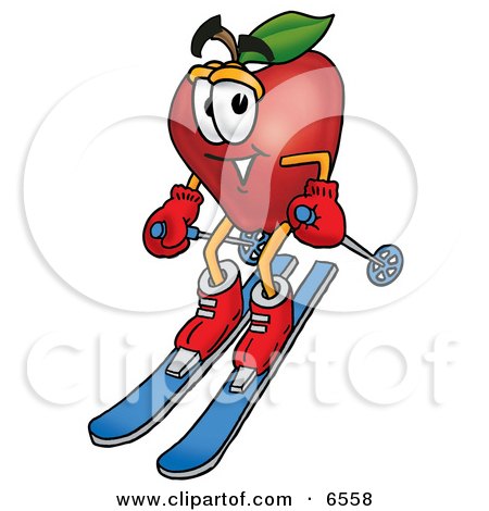 Red Apple Character Mascot Skiing Downhill Clipart Picture by Mascot Junction