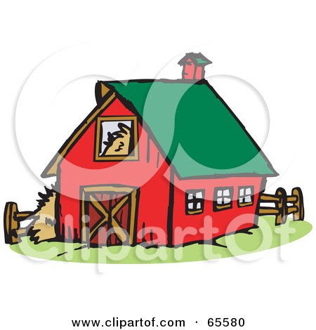Royalty-Free (RF) Clipart Illustration of a Red Farm Barn With A Green Roof by Dennis Holmes Designs