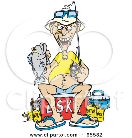 Royalty-Free (RF) Clipart Illustration of a Man Surrounded By Beer Cans, Holding A Fish by Dennis Holmes Designs