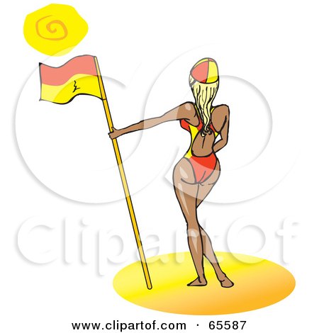 Royalty-Free (RF) Clipart Illustration of a Sexy Blond Lifeguard With A Flag On A Beach by Dennis Holmes Designs