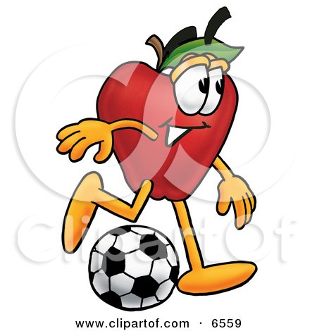 Red Apple Character Mascot Kicking a Soccer Ball Clipart Picture by Mascot Junction
