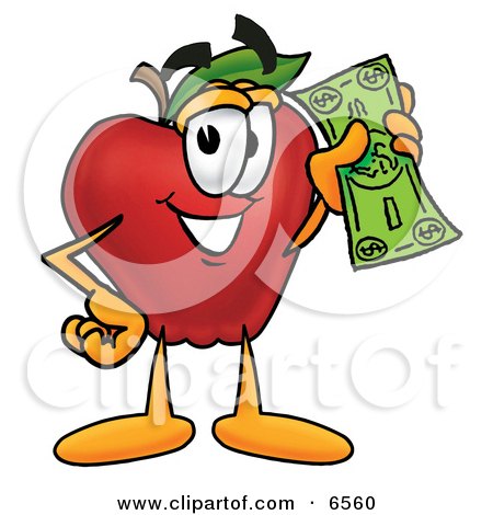 Red Apple Character Mascot Holding a Green Dollar Bill, Paying or Saving Clipart Picture by Mascot Junction