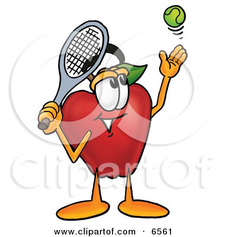 Red Apple Character Mascot Preparing to Hit a Tennis Ball Clipart Picture by Mascot Junction