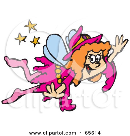 Royalty-Free (RF) Clipart Illustration of a Red Haired Fairy In Pink, Flying By Stars by Dennis Holmes Designs