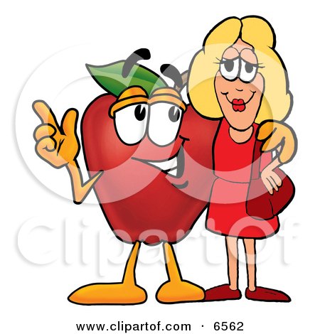 Red Apple Character Mascot Talking Nutrition With a Pretty Blond Woman Clipart Picture by Mascot Junction