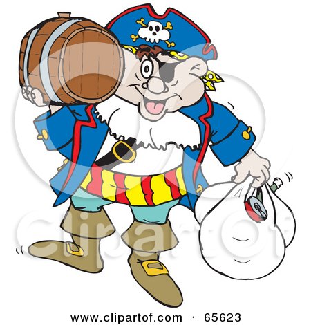Royalty-Free (RF) Clipart Illustration of a Pirate Guy Carrying A Barrel And Bags by Dennis Holmes Designs